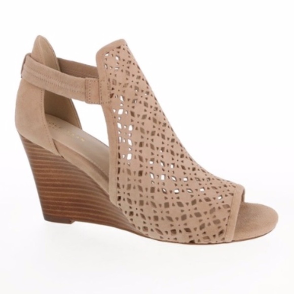 Cole Haan Edie peep-toe Wedge bootie sandals laser cut suede sz 9 - Picture 1 of 7